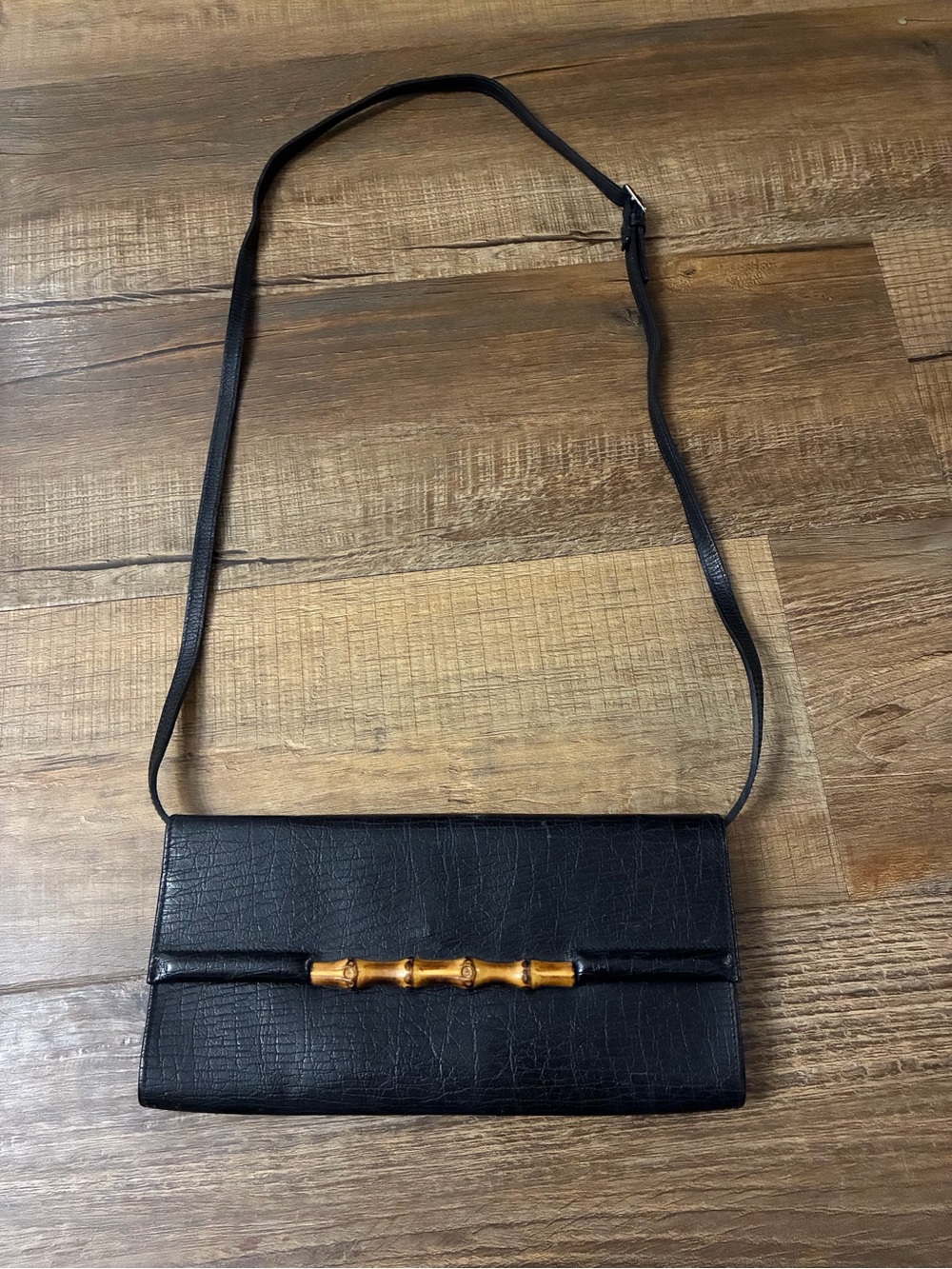 Vintage GUCCI Black Leather Bamboo Bar Flap Shoulder Bag / Clutch